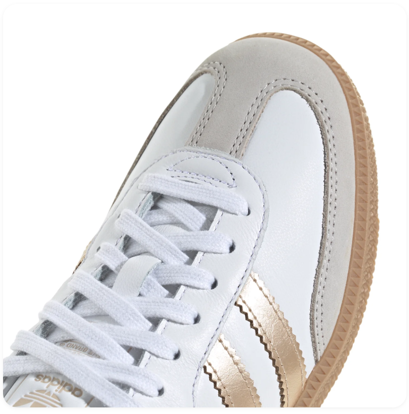 Adidas Samba White Sneakers with Metallic Gold Stripes and Gum Sole