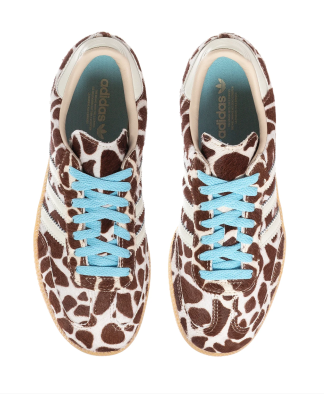 Adidas Brown and Cream Cow-Print Sneakers with Light Blue Laces and Gum Sole