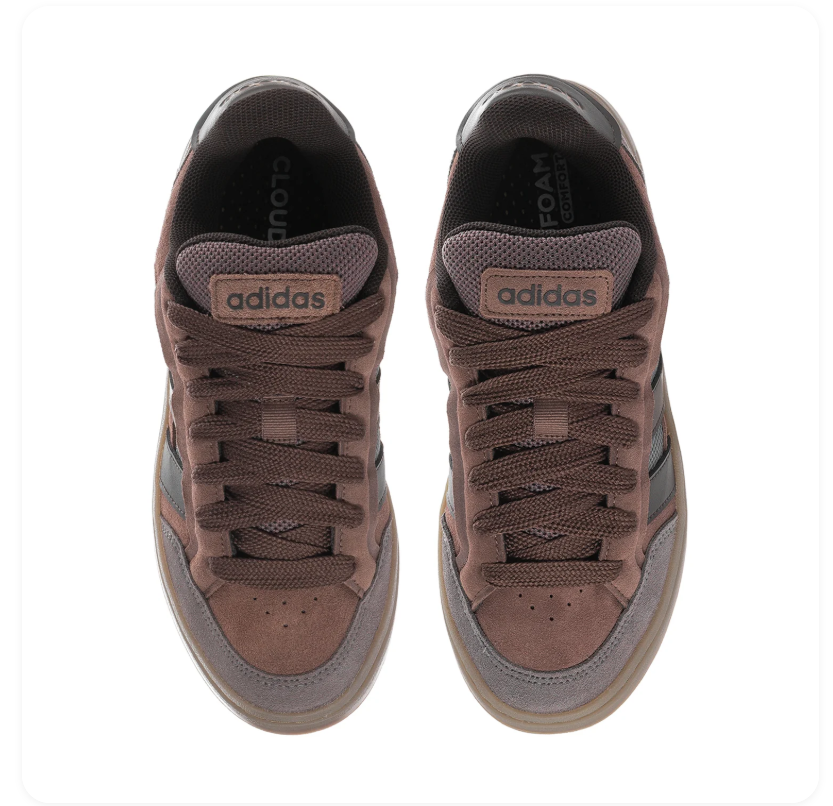 Adidas Brown and Grey Low-Top Sneakers with Dark Stripes and Brown Sole