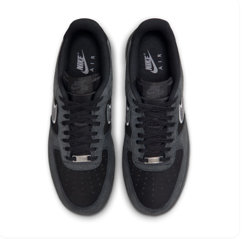 Nike Air Force 1 Black and Charcoal Sneakers with Embroidered Grey Swoosh
