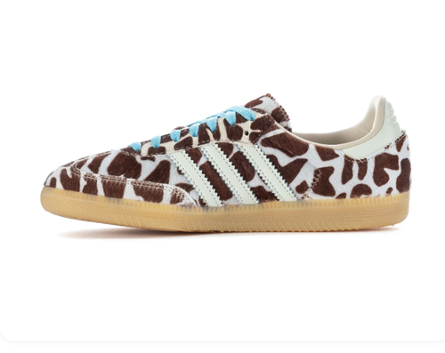 Adidas Brown and Cream Cow-Print Sneakers with Light Blue Laces and Gum Sole