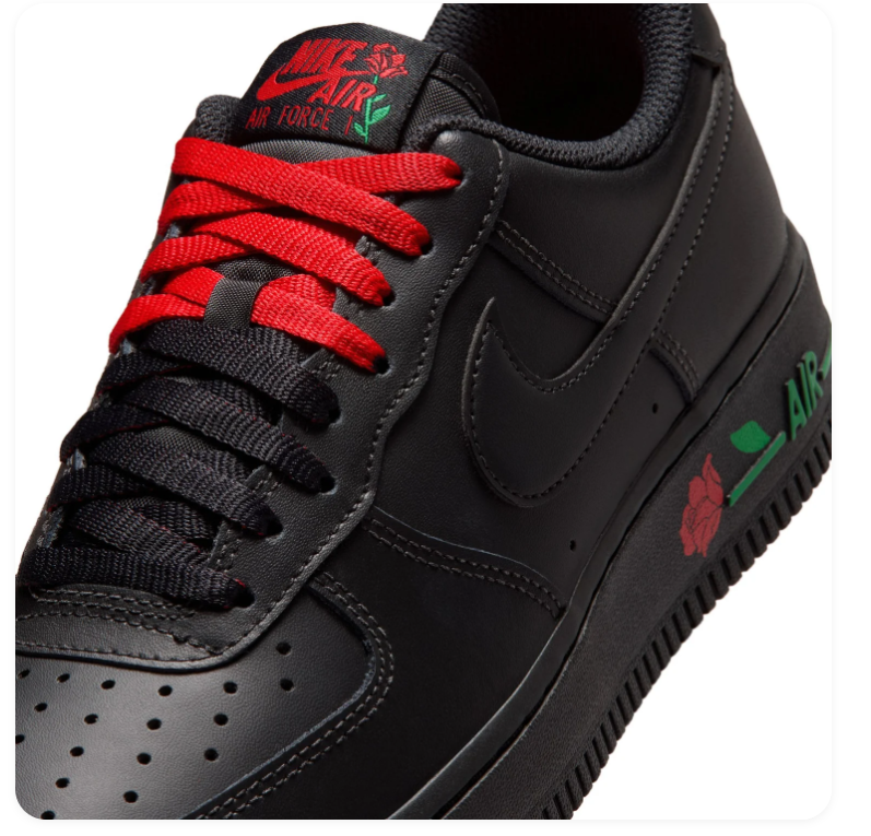Nike Air Force 1 Black Low-Top Sneakers with Red Rose Detail