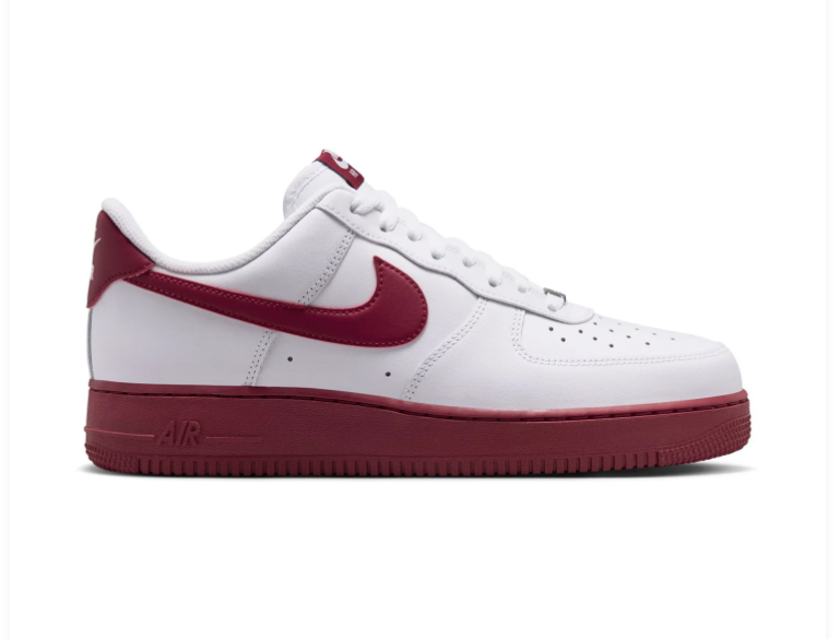 Nike Air Force 1 White Sneakers with Burgundy Swoosh and Sole