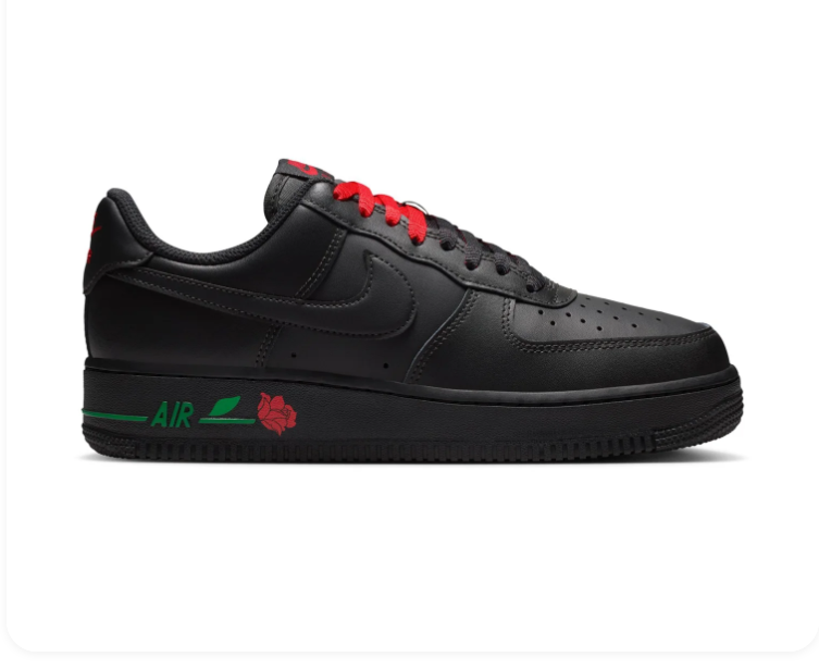 Nike Air Force 1 Black Low-Top Sneakers with Red Rose Detail