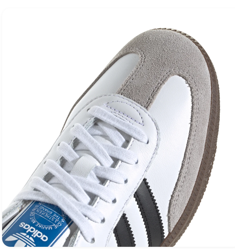 Adidas Samba White Sneakers with Black Stripes and Grey T-Toe