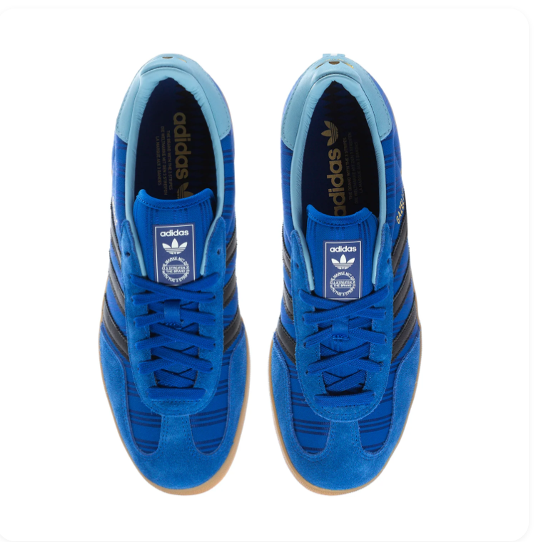 Adidas Gazelle Blue Patterned Sneakers with Black Stripes and Gum Sole