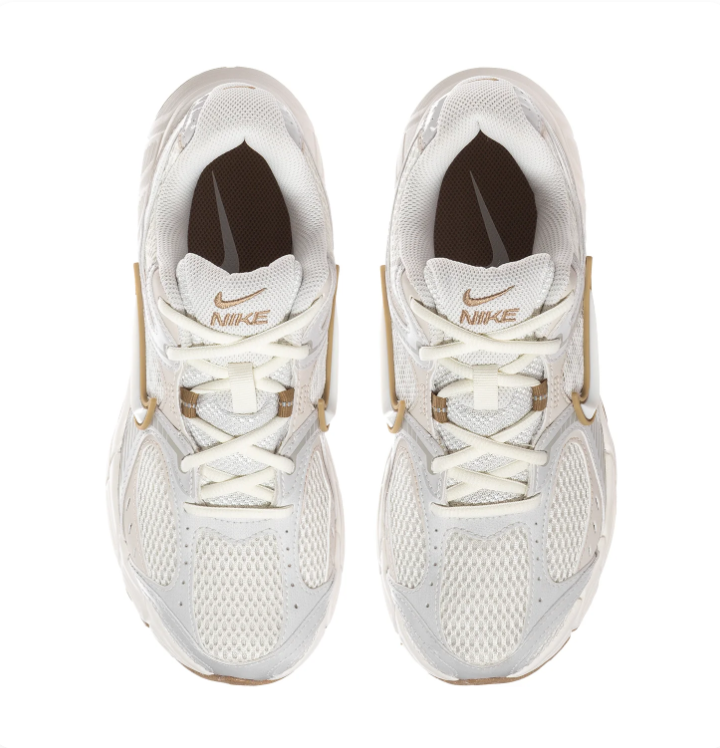 Nike White and Light Grey Mesh Sneakers with Gold-Tone Accents