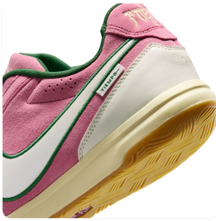 Nike Tiempo Pink Sneakers with Green-Outlined Cream Swoosh and Gum Sole