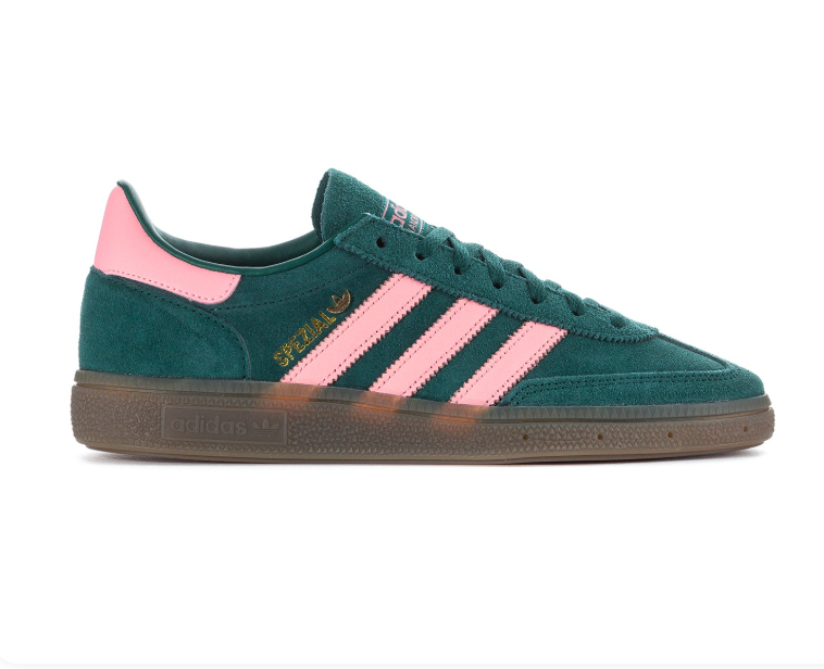 Adidas Handball Spezial Dark Green Sneakers with Pink Stripes and Gum Sole