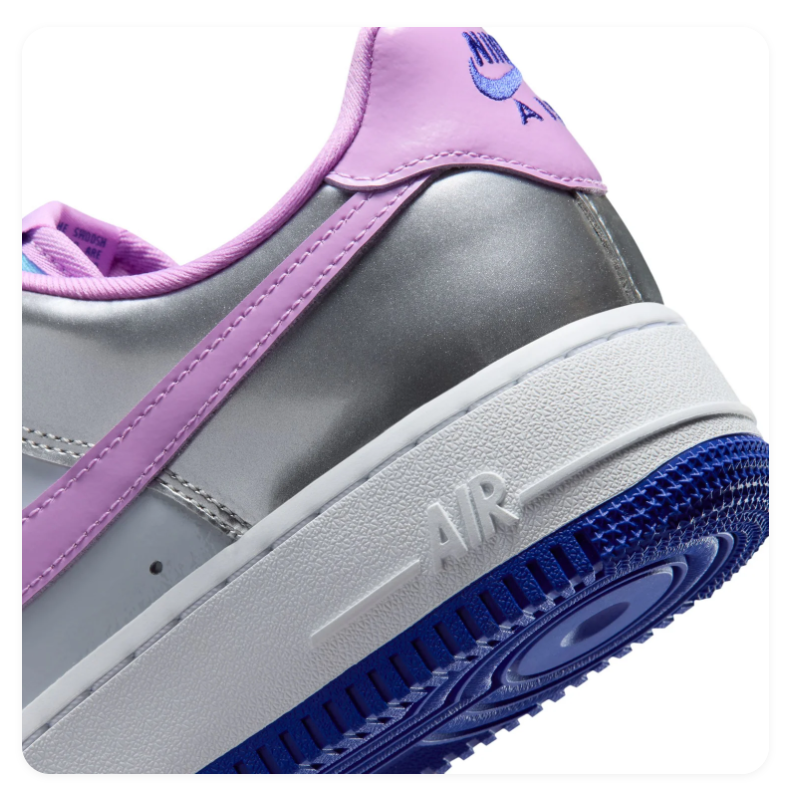 Nike Air Force 1 Silver Sneakers with Lilac Swoosh and Turquoise Laces