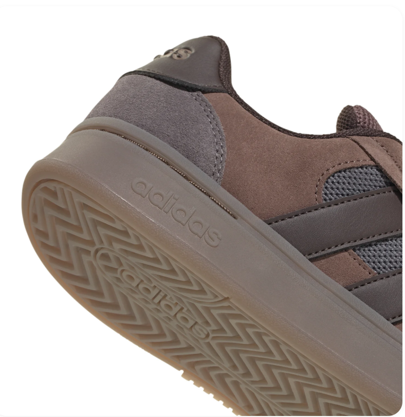 Adidas Brown and Grey Low-Top Sneakers with Dark Stripes and Brown Sole