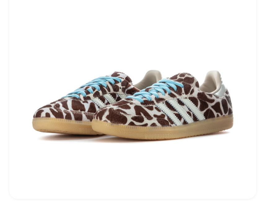 Adidas Brown and Cream Cow-Print Sneakers with Light Blue Laces and Gum Sole
