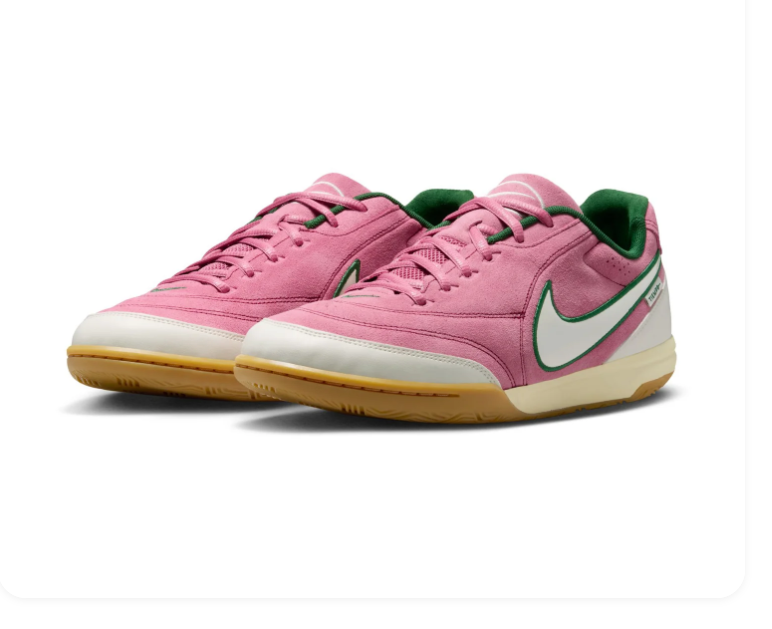Nike Tiempo Pink Sneakers with Green-Outlined Cream Swoosh and Gum Sole