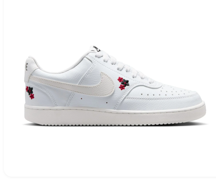 Nike White Low-Top Sneakers with Red and Black Floral Embroidery