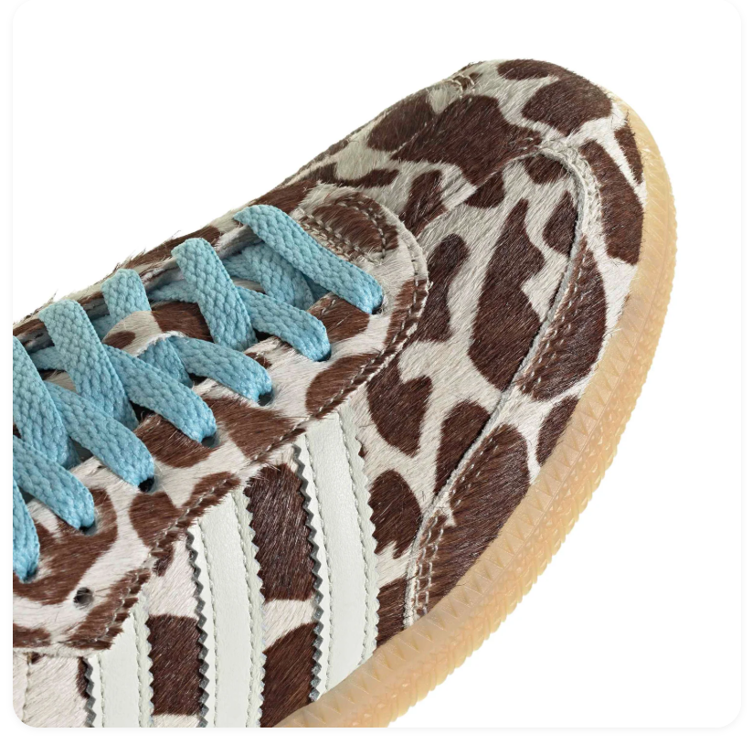 Adidas Brown and Cream Cow-Print Sneakers with Light Blue Laces and Gum Sole