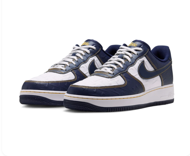 Nike Air Force 1 Navy and White Sneakers with Yellow Contrast Stitching