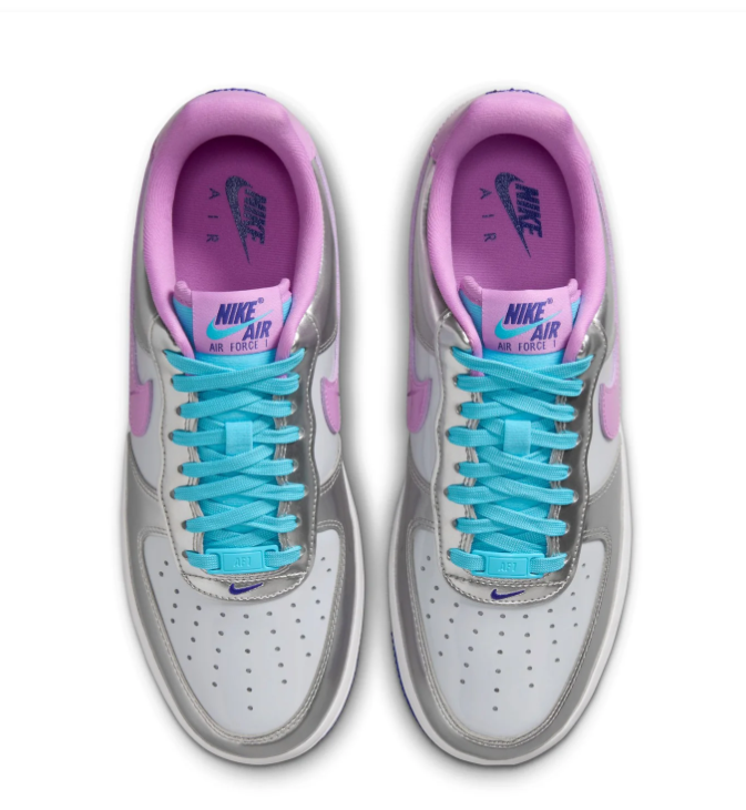 Nike Air Force 1 Silver Sneakers with Lilac Swoosh and Turquoise Laces