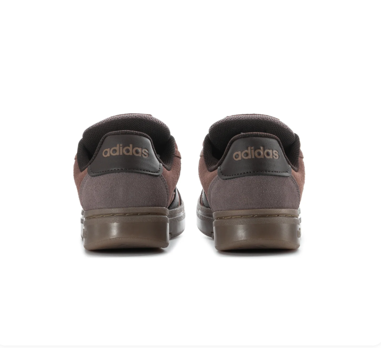 Adidas Brown and Grey Low-Top Sneakers with Dark Stripes and Brown Sole