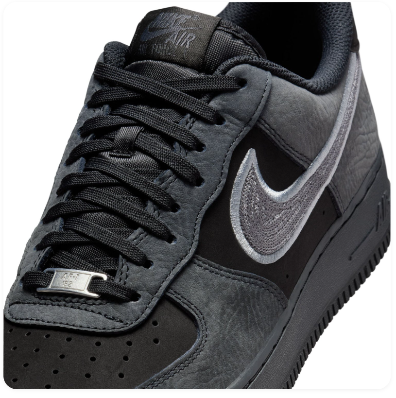 Nike Air Force 1 Black and Charcoal Sneakers with Embroidered Grey Swoosh
