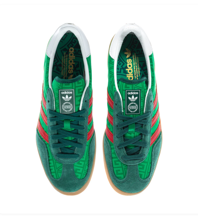 Adidas Green Patterned Sneakers with Red Stripes and Gum Sole