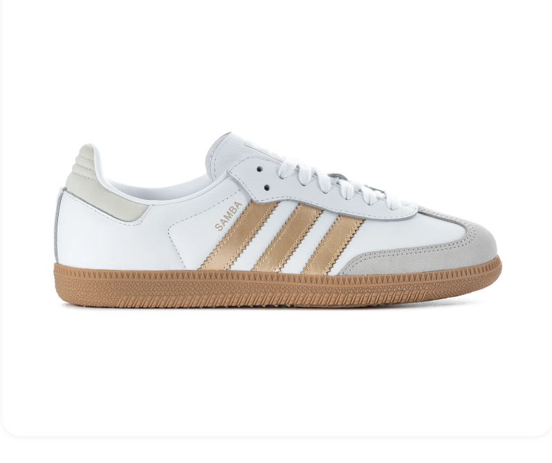 Adidas Samba White Sneakers with Metallic Gold Stripes and Gum Sole
