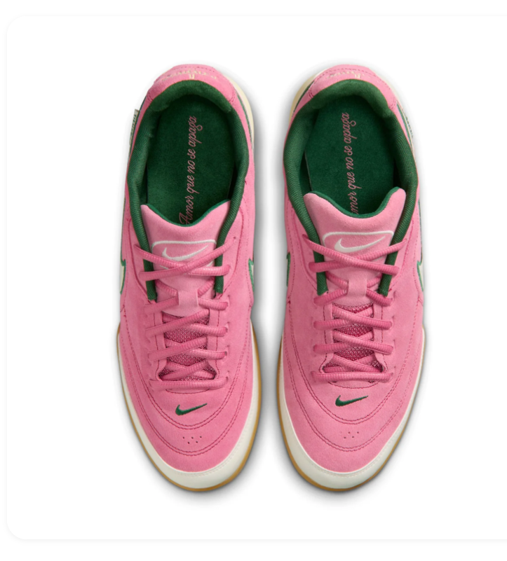 Nike Tiempo Pink Sneakers with Green-Outlined Cream Swoosh and Gum Sole