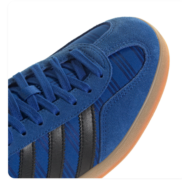 Adidas Gazelle Blue Patterned Sneakers with Black Stripes and Gum Sole