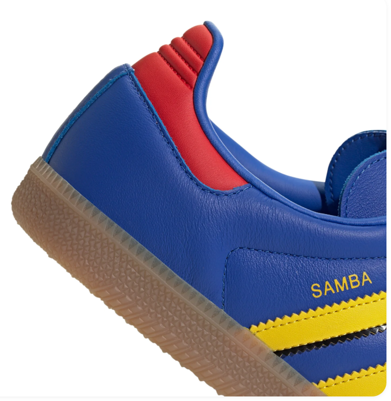 Adidas Samba Blue Sneakers with Yellow Stripes, Red Laces and Gum Sole