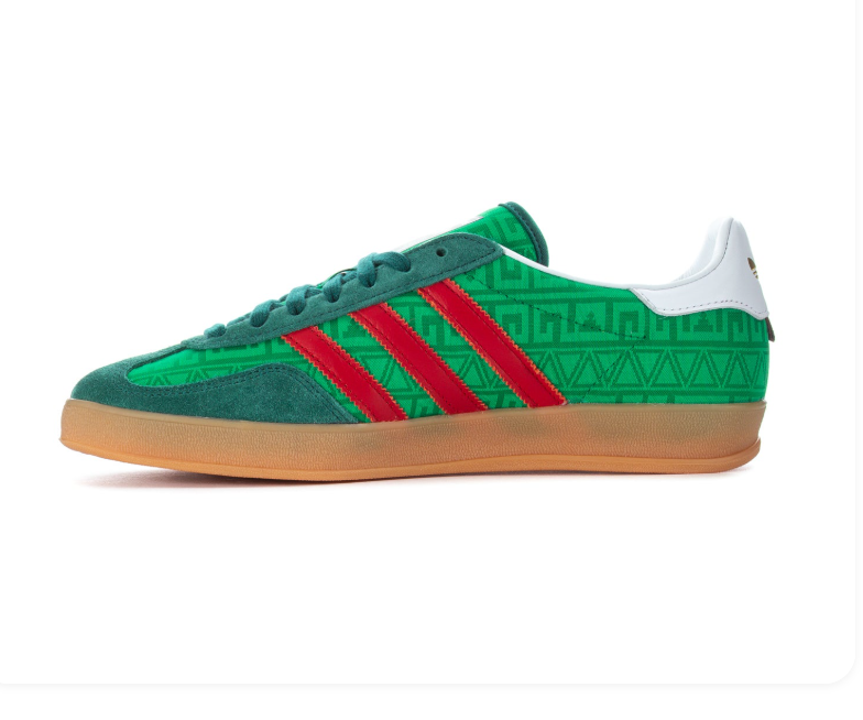 Adidas Green Patterned Sneakers with Red Stripes and Gum Sole