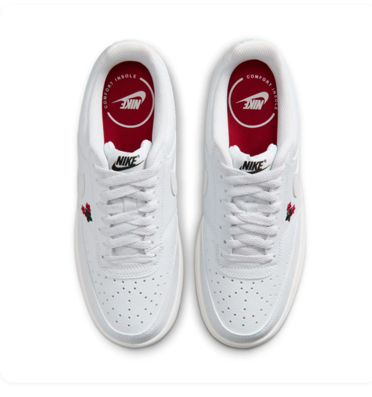 Nike White Low-Top Sneakers with Red and Black Floral Embroidery