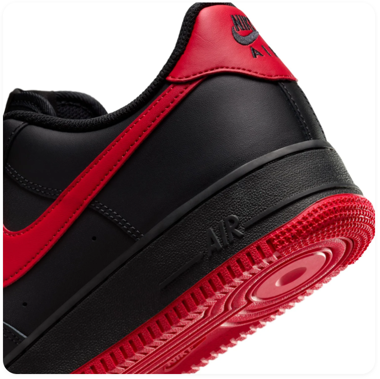 Nike Air Force 1 Black Sneakers with Red Swoosh and Red Outsole
