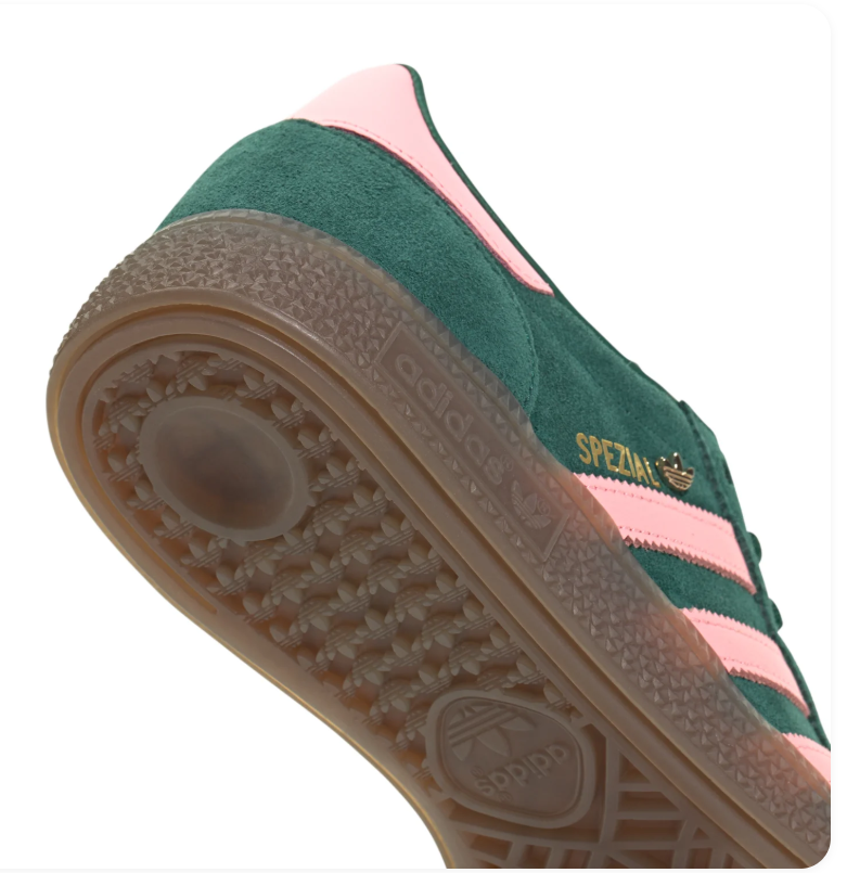 Adidas Handball Spezial Dark Green Sneakers with Pink Stripes and Gum Sole