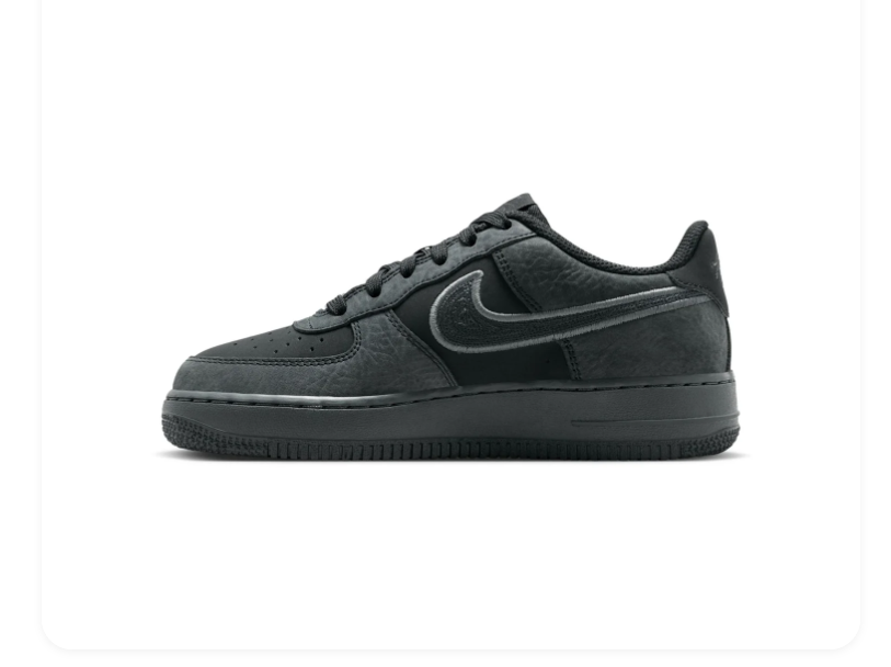 Nike Air Force 1 Black and Charcoal Sneakers with Grey-Outlined Swoosh