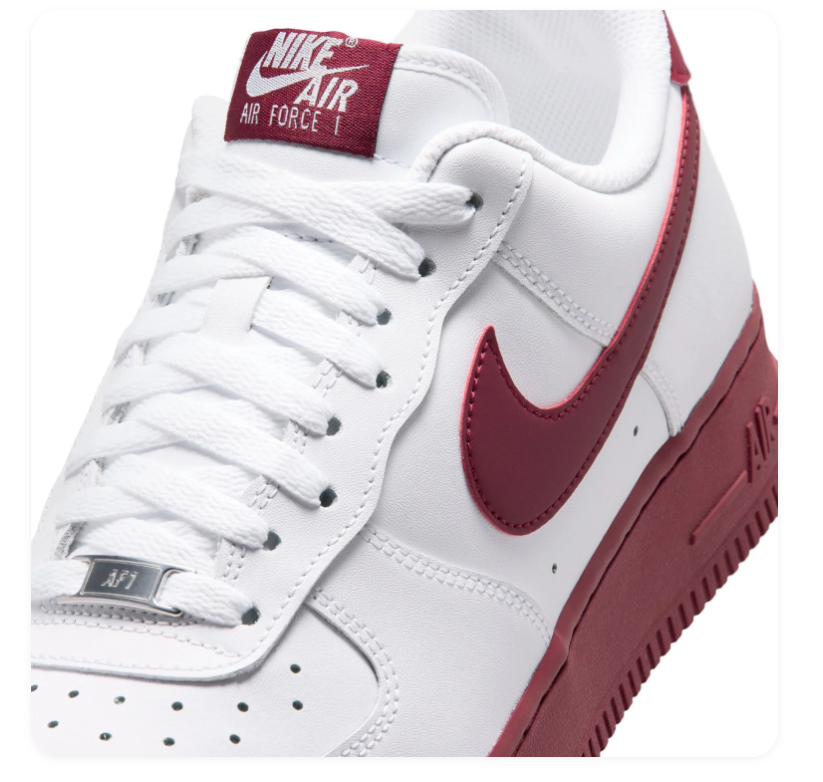 Nike Air Force 1 White Sneakers with Burgundy Swoosh and Sole