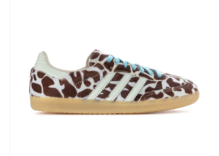 Adidas Brown and Cream Cow-Print Sneakers with Light Blue Laces and Gum Sole
