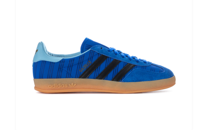 Adidas Gazelle Blue Patterned Sneakers with Black Stripes and Gum Sole