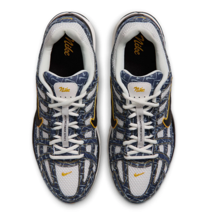 Nike Navy Patterned Mesh Sneakers with Yellow-Outlined Black Swoosh
