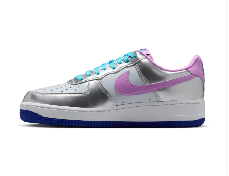 Nike Air Force 1 Silver Sneakers with Lilac Swoosh and Turquoise Laces