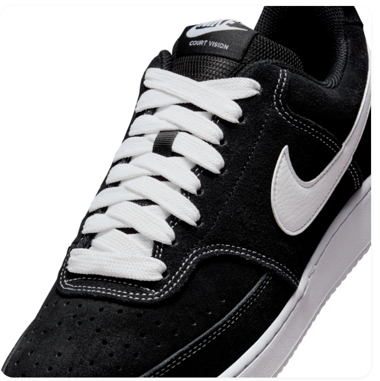 Nike Court Vision Black Sneakers with White Swoosh and Contrast Stitching