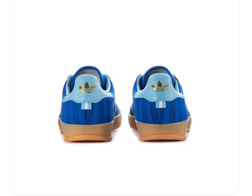 Adidas Gazelle Blue Patterned Sneakers with Black Stripes and Gum Sole