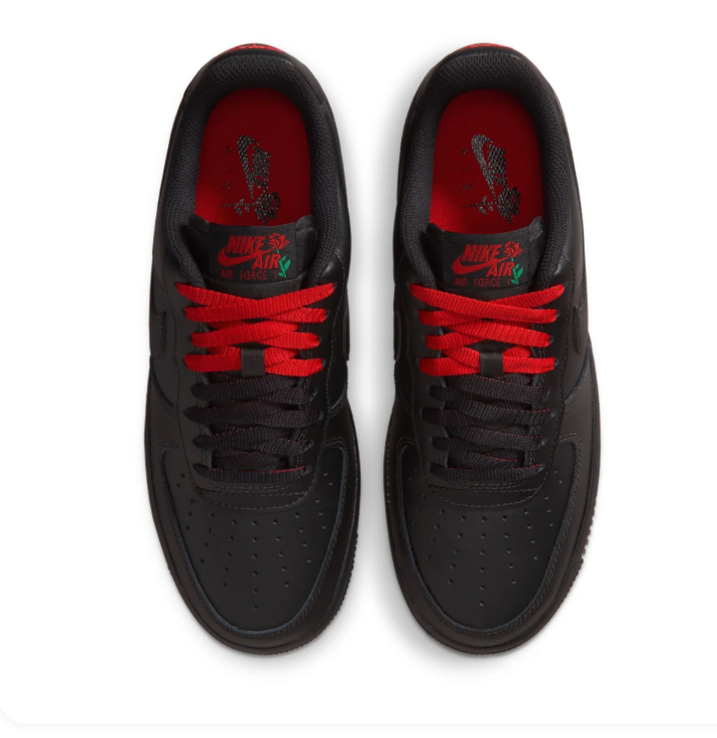 Nike Air Force 1 Black Low-Top Sneakers with Red Rose Detail