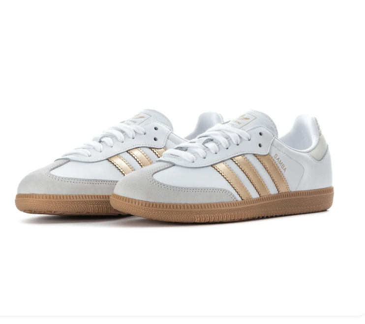 Adidas Samba White Sneakers with Metallic Gold Stripes and Gum Sole