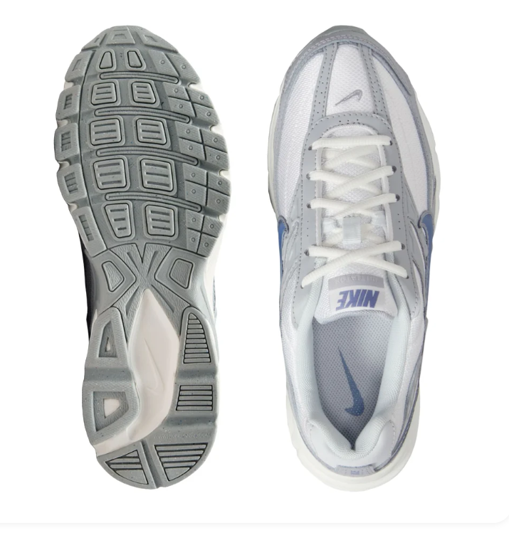 Nike White and Silver Mesh Sneakers with Blue Swoosh