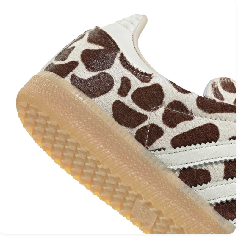 Adidas Brown and Cream Cow-Print Sneakers with Light Blue Laces and Gum Sole