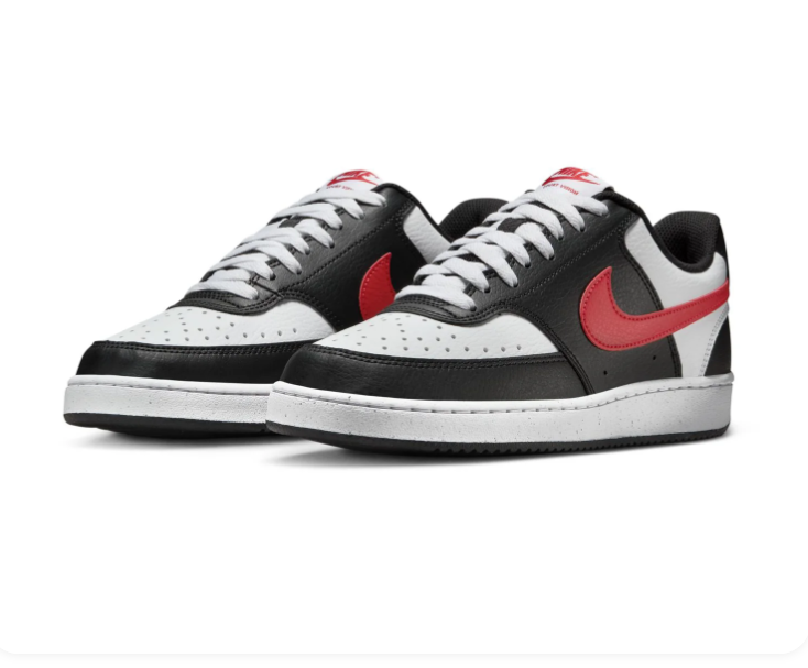 Nike Court Vision Black and White Low-Top Sneakers with Red Swoosh