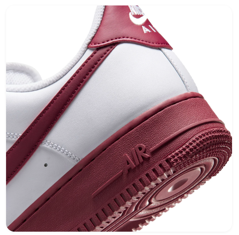 Nike Air Force 1 White Sneakers with Burgundy Swoosh and Sole