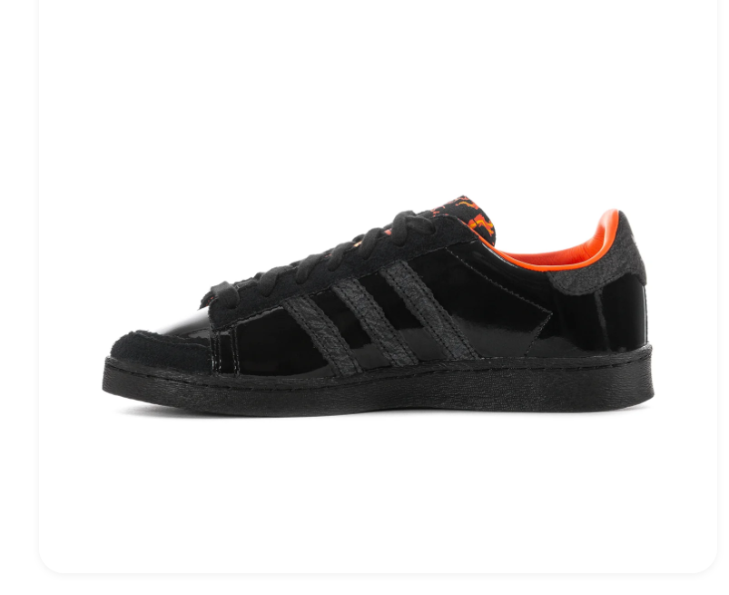 Adidas Black Glossy Low-Top Sneakers with Orange Lining and Graphic Tongue