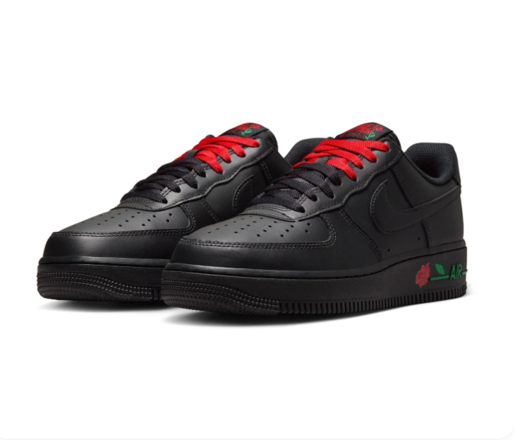 Nike Air Force 1 Black Low-Top Sneakers with Red Rose Detail