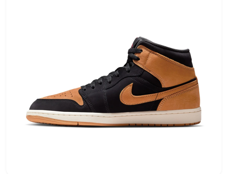 Air Jordan 1 Mid Black and Tan Sneakers with Burgundy Accents