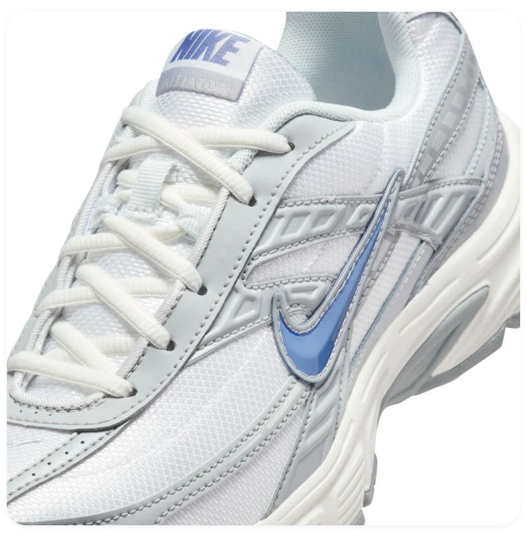 Nike White and Silver Mesh Sneakers with Blue Swoosh